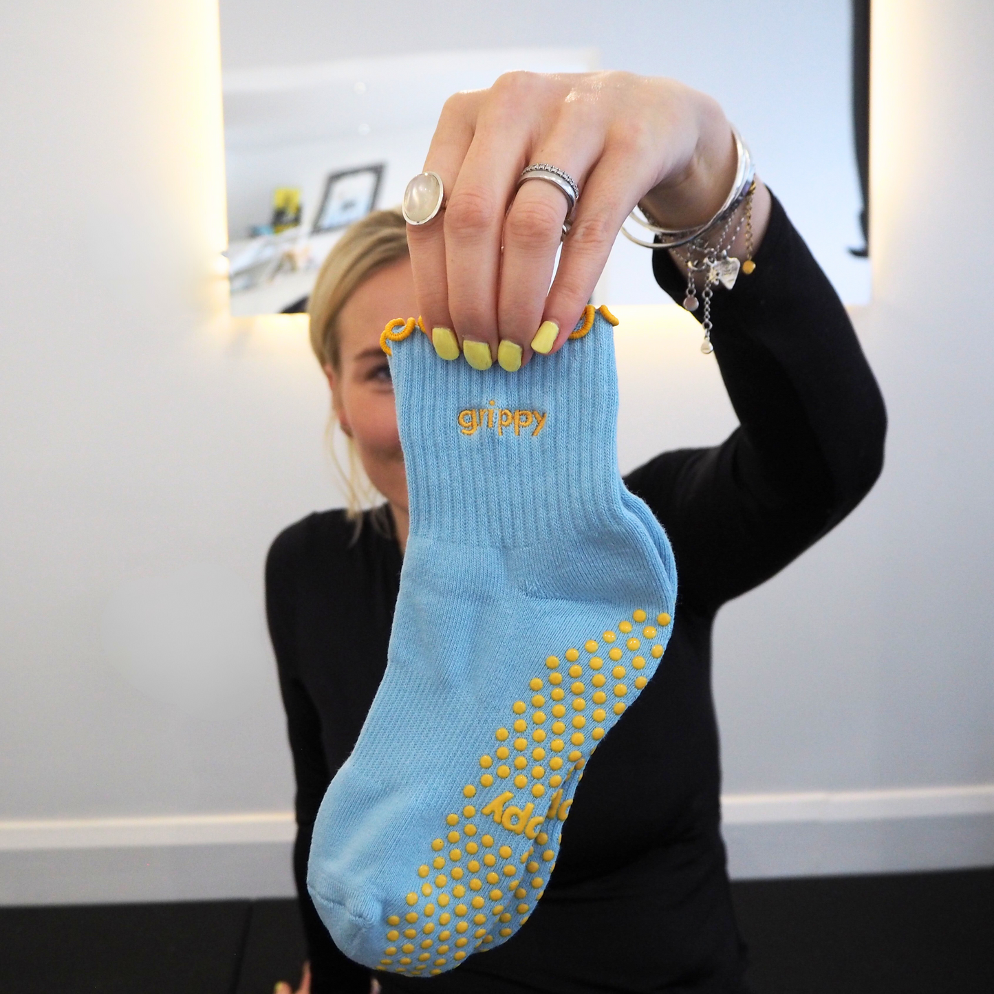 Blue and Yellow Pilates Ruffle Grip Socks
