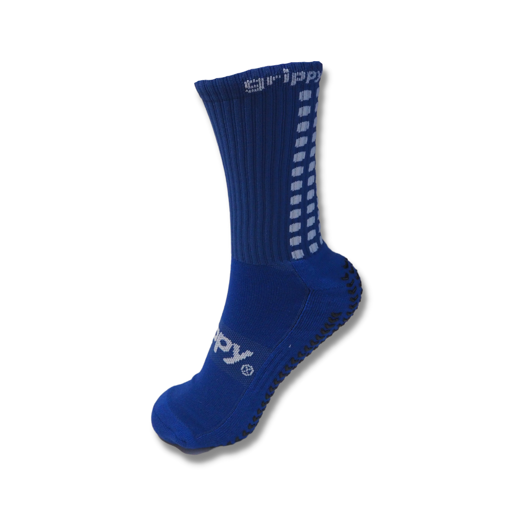 Blue football grip socks side view