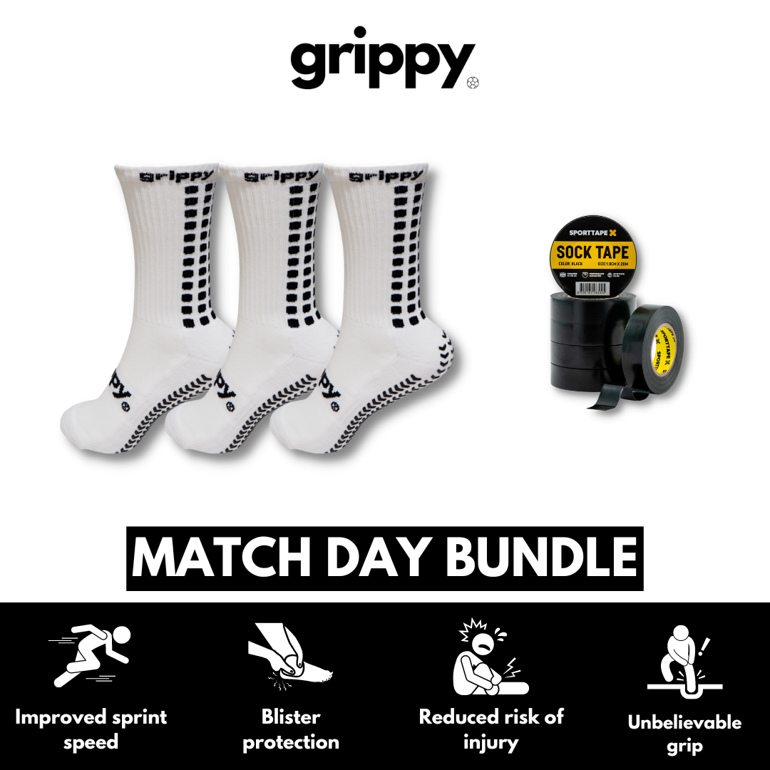 White football grip socks 3 pack match day bundle with black football sock tape