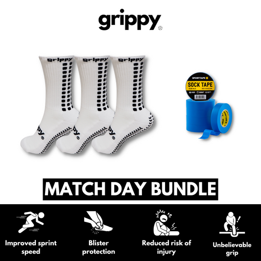 White football grip socks 3 pack match day bundle with blue football sock tape