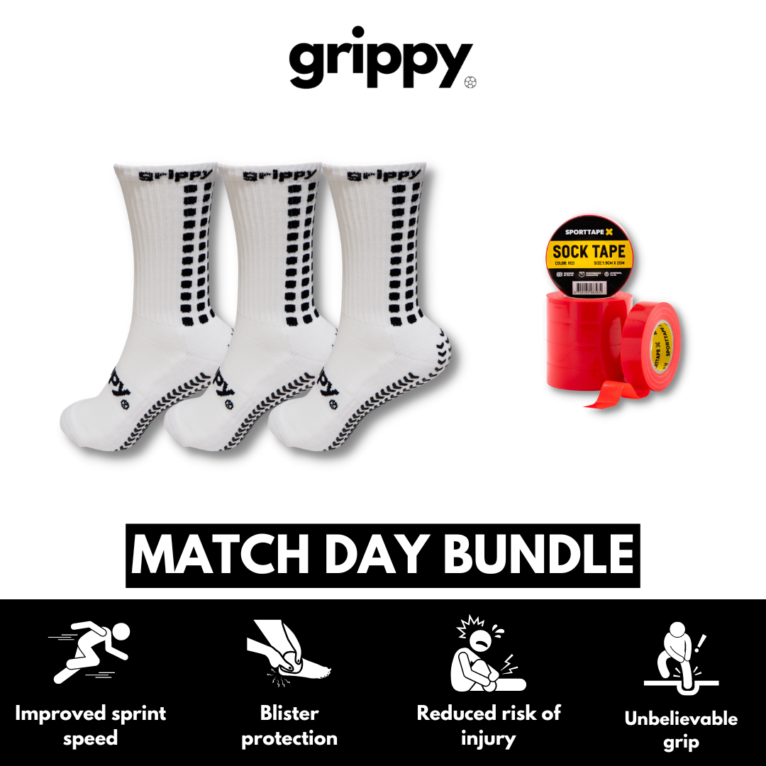 White football grip socks 3 pack match day bundle with red football sock tape