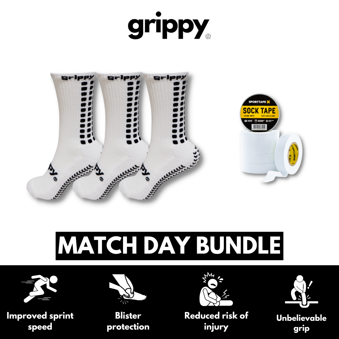 White football grip socks 3 pack match day bundle with white football sock tape